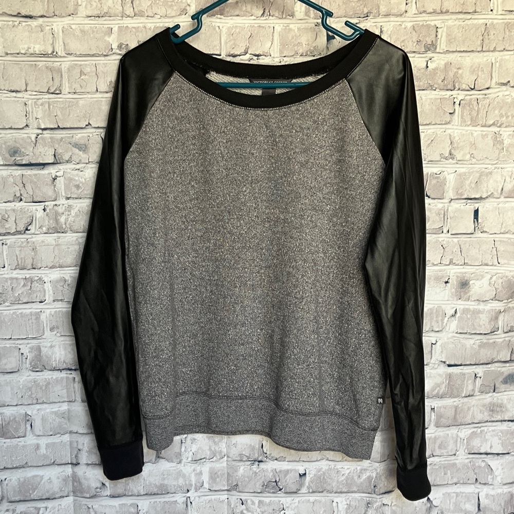 Victoria’s Secret Faux Leather Sleeved Gray and Black Women's Sweatshirt
